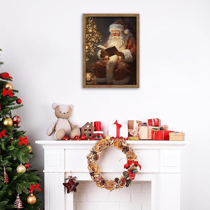 Framed Santa Christmas Wall Art, Vintage Santa Claus Reading Canvas Paintings