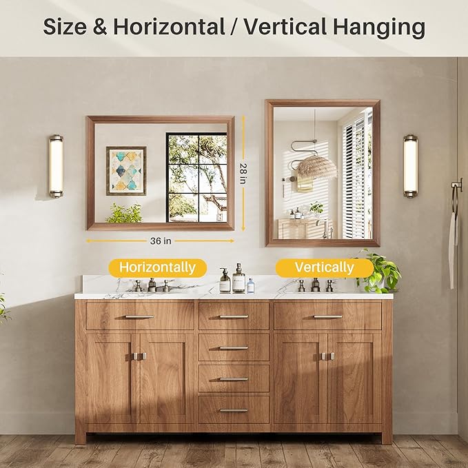 28x36 Inch Bathroom Mirror for Wall, Anti-Rust Walnut Wood Grain Metal Framed