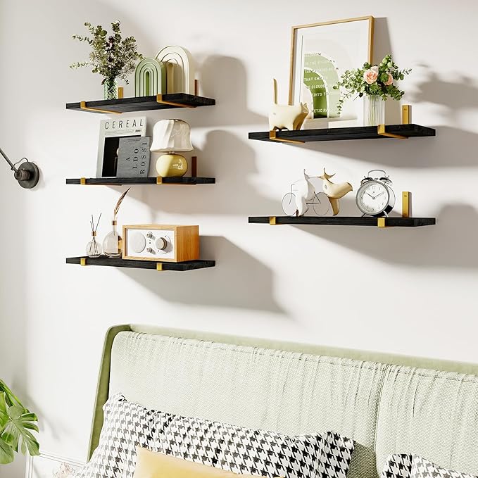 Fixwal Floating Black Gold Shelves Set of 5, Width 4.7 Inches, Rustic Wood Wall