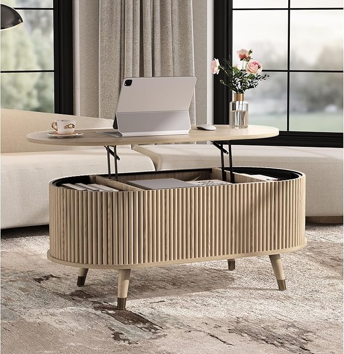 JOINICE 42.5" Oval Lift Top Coffee Table with Storage, Mid Century Modern Oak Center Table with Fluted Panel, Solid Wood Legs & Hidden Compartment for Living Room