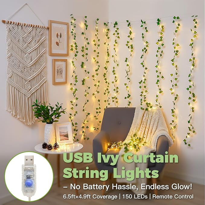 suddus Vines with Lights for Bedroom, 150 LED Fairy Lights with Vines, Ivy