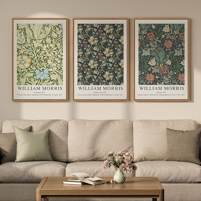 Large Framed William Morris Green Wall Art Set of 3, Vintage Floral Canvas