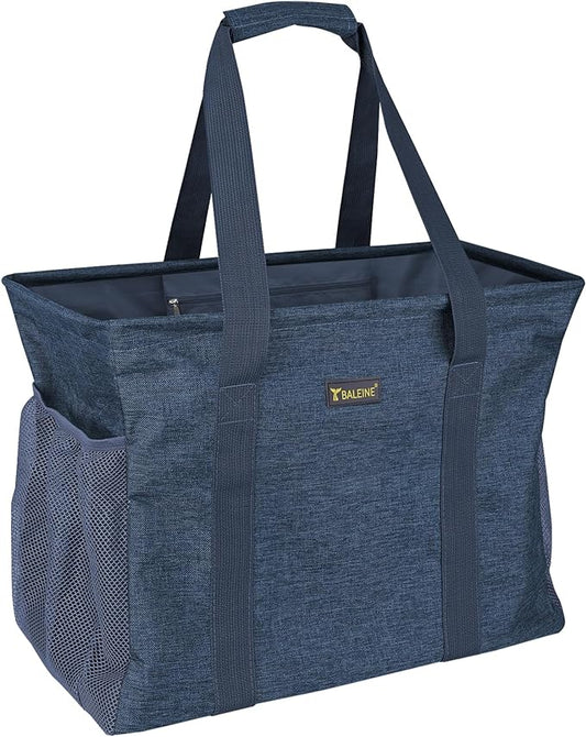 BALEINE Extra Large Utility Tote Bag with Reinforced Wire Frame, Reusable Grocery Bag for Shopping, Picnic (Blue, 16.5''x14''x10'')