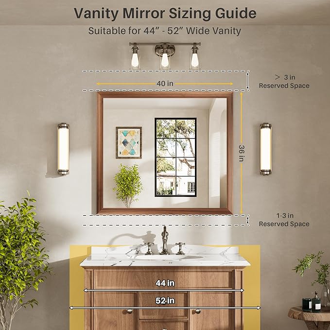 40x36 Inch Bathroom Mirror for Wall, Anti-Rust Walnut Wood Grain Metal Framed