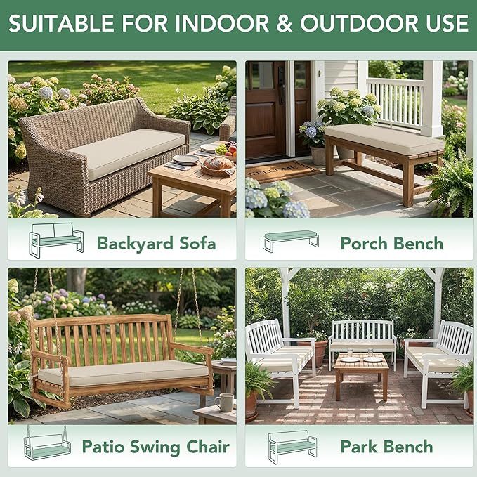 Summsun Outdoor Bench Cushion: Waterproof and Fade Resistant Patio Furniture Cushions - Non-Slip Bench Pad Cushion with Removable Cover for Garden Swing Porch Sofa Settee, 59 x 18 Inch, Beige