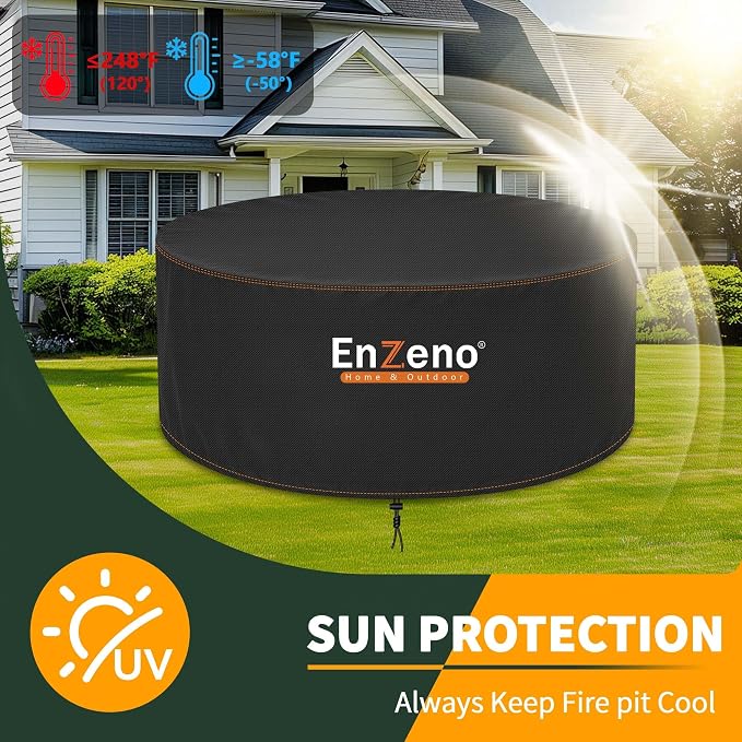 Enzeno Fire Pit Cover Round,45inch Outdoor Round Firepit Cover,Waterproof Oxford Cloth Patio Fire Table Cover for Outdoor Fire Pit,Fits 43-45 inch Gas Firepit/Bowl(45"Dia X 24"H)