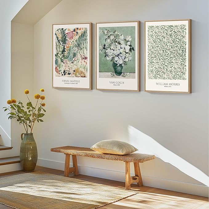 Framed Large Van Gogh Wall Art for Living Room, 3 Pieces Vintage Sage Green