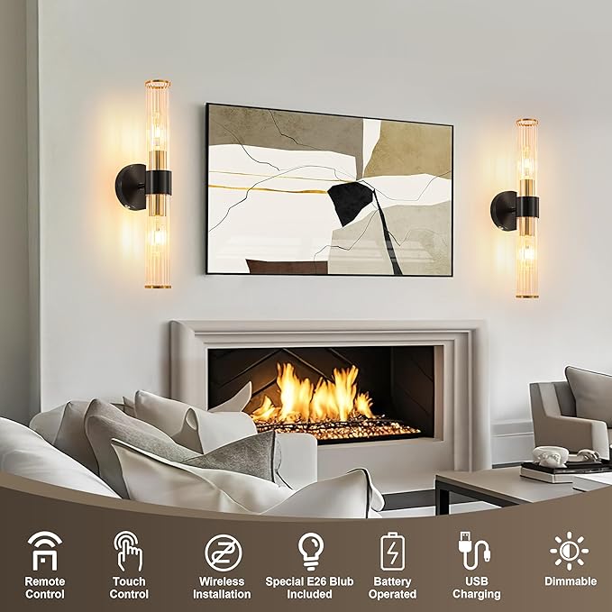 Black Gold Battery Operated Wall Sconces Set of 2, Rechargeable Wall Lights