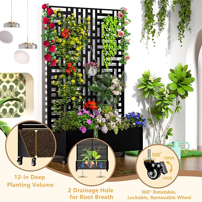 MTART Metal Planter Box with Trellis, 72.1"x47.2"x16" Outdoor Galvanized Raised