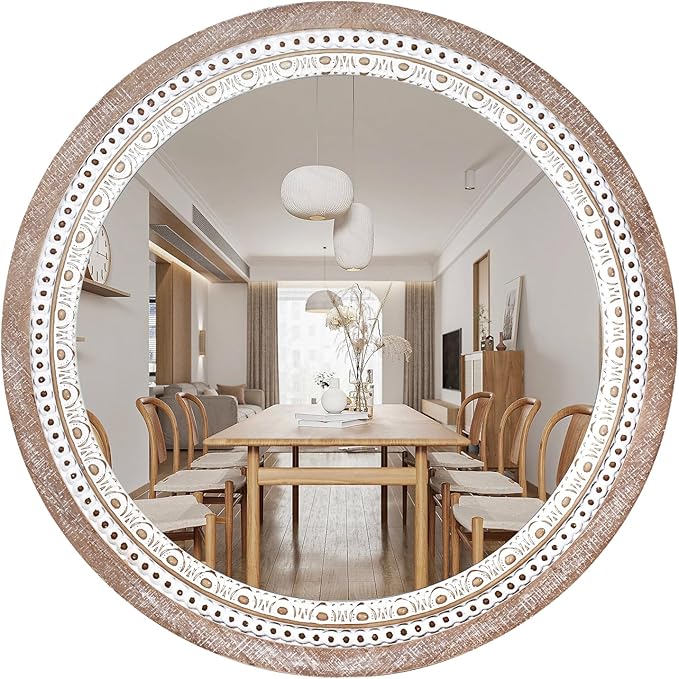 Reflinto 24 Inch Boho Wooden Round Mirror