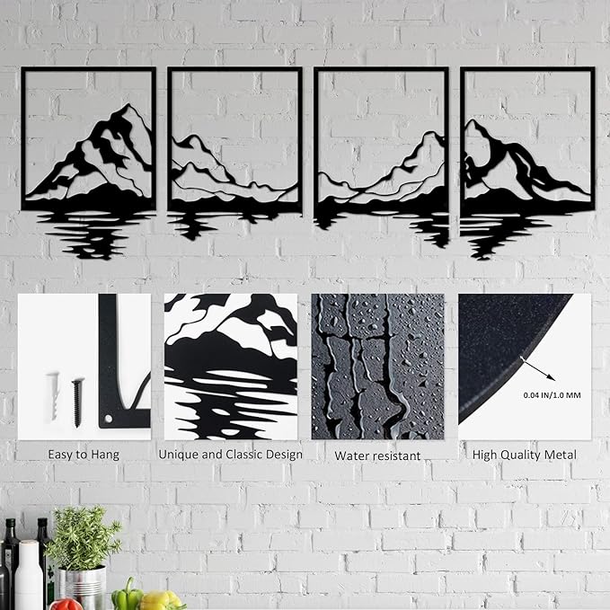 ESTART 4 Pcs Metal Mountain Wall Art, Large Mountains Wall Decor, Mountain Forest Decorative Painting Suitable For Living Room Bedroom Office Indoor And Outdoor (Mountains Rivers Large)