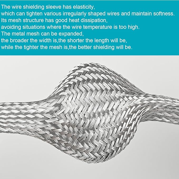 Tinned Copper Braided Cable Shielding Sleeve Metal Wire Loom Sheathing EMI RFI ESD Protector Grounding Mesh Flat Tubular Expandable 3/8" W(0.24" ID)-16FT