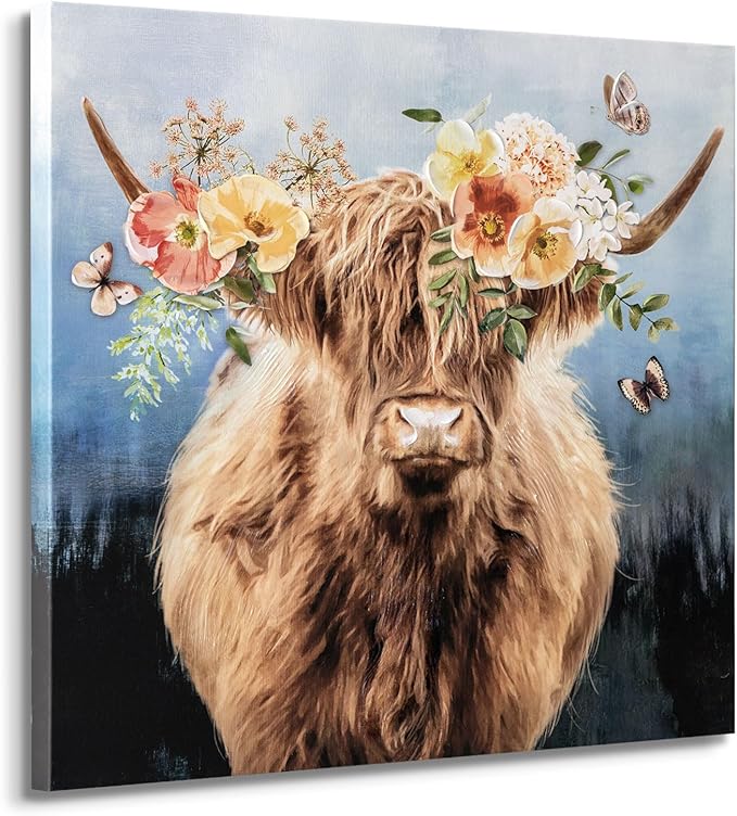 Hand-Painted Highland Cow Canvas Wall Art, Lovely Cow