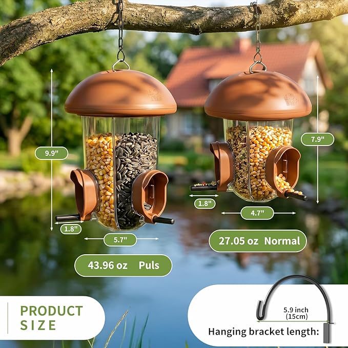 LONA Bird Feeders for Outdoors Hanging – 3 Separate Compartments, 3 Feeding Ports, Weatherproof Dome & 3 Ways to Hang, Large Capacity for Cardinals/Finches (Brown
