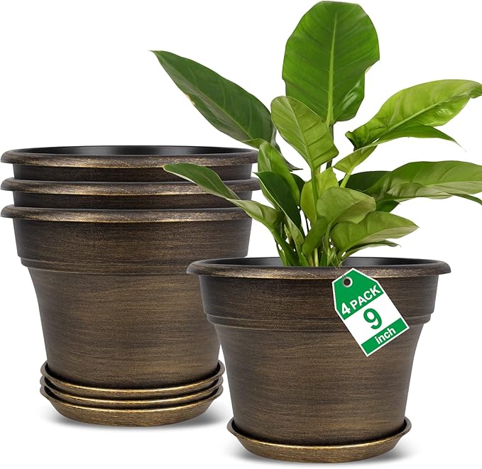 Plant Planters Pots Set of 4 Pack 9 Inch, Plastic Flower Pot for Indoor Plants with Drainage Holes & Trays, Resin Decorative Container Sets with Saucer for House Outdoor Garden Planters Dark Gold