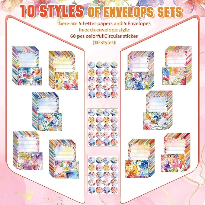 TaoBary 160 Pcs Stationery Paper Set 50 Double Sided Stationery Papers with 50 Matching Envelopes and 60 Round Dot Sticker, 10 Design(Bright Floral,5.5 x 8.25 Inch)