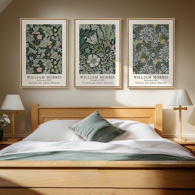 Large Framed William Morris Green Wall Art, 3 Piece Vintage Floral Canvas Prints