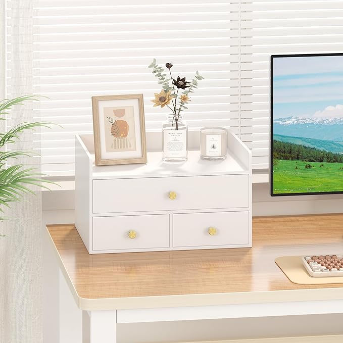 Bamboo Desk Organizer with Drawers Wooden Desktop Storage Drawers for Bills Office Supplies Kitchen Utensils Organizing Tool for Home Classroom Organization No Assembly (3 Drawers, White)