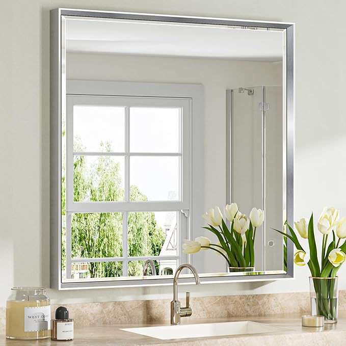 Silver Bathroom Mirror, 36x36 Inch Beveled Silver Square Mirror