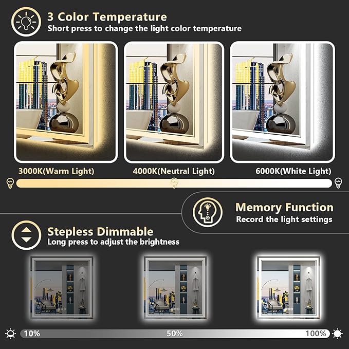 36x36 LED Bathroom Mirror with Lights, Backlit and Front Lit Anti-Fog Lighted