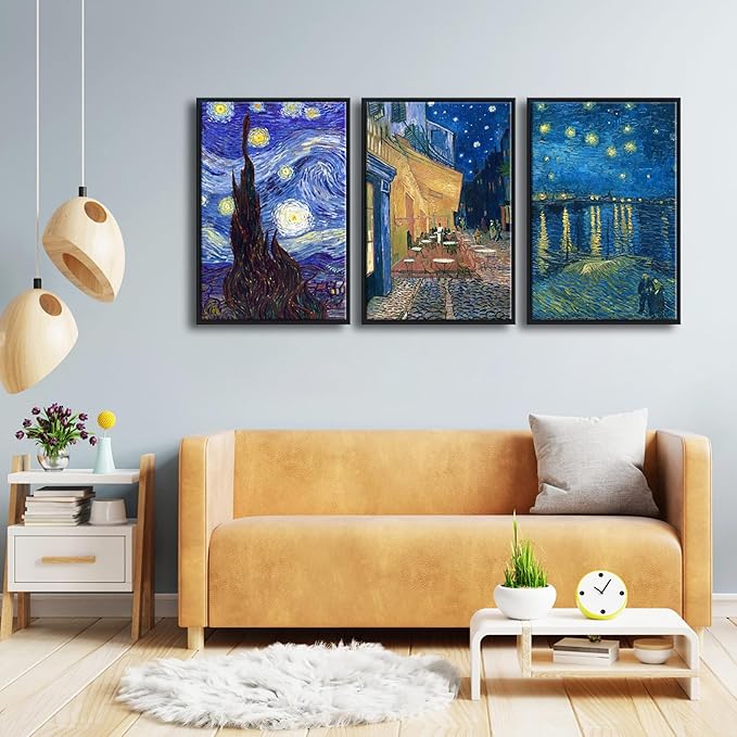Wieco Art Black Framed 3 Panels Canvas Prints of Vincent Van Gogh Paintings