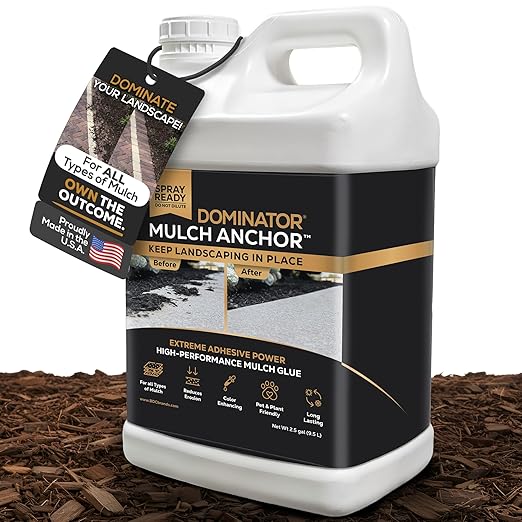 DOMINATOR Mulch Anchor 2.5 Gallons - Mulch Glue and Pea Gravel Stabilizer, Ready to Use Spray, Lasts up to 2 Years, Fast-Dry, Non-Toxic, Strong Mulch Glue for Landscapes