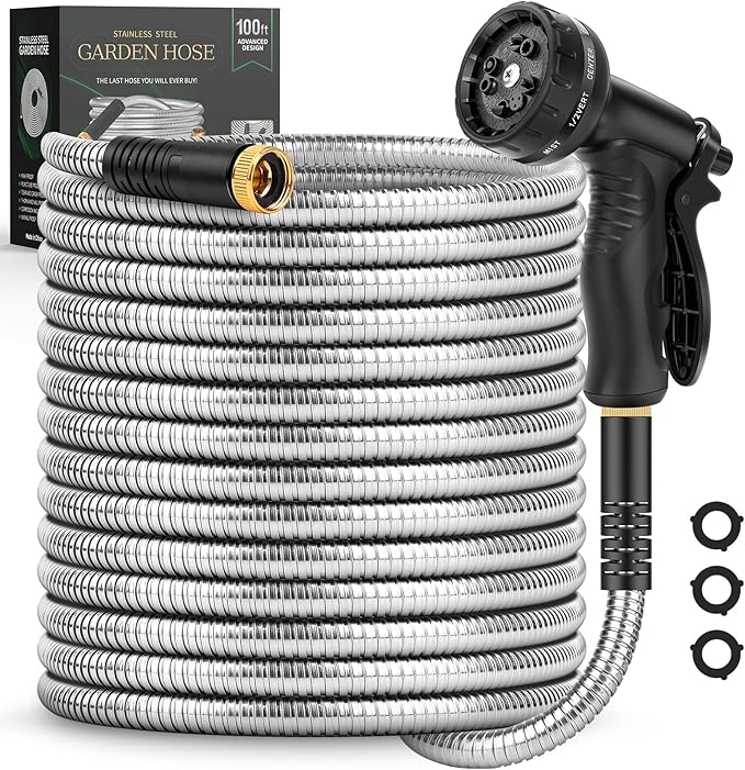 Itsonestep Garden Hose 100 FT, Metal Stainless Steel Water Hose with 10 Function Nozzles, No Kinks, Flexible Hose, Lightweight, Puncture Proof, Heavy Duty Hose for Yard and Outdoor, Silver