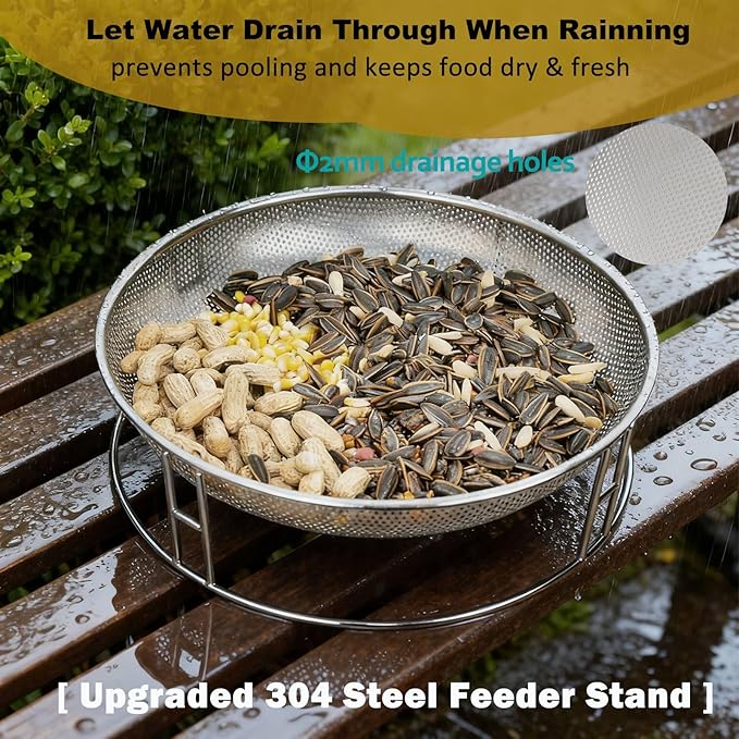 13-Inch Ground Bird Feeder and Bath Combo, Stainless Steel Ground Feeding Platform for Birds & Squirrels, with Dual Birdseed Mesh Trays, Birdbath, Attracting Creatures to Backyard, Patio