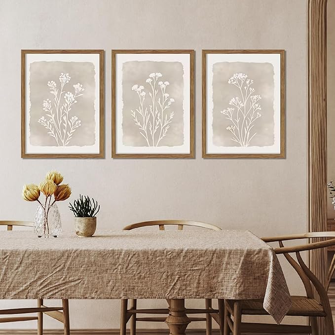 Framed Boho Botanical Flower Wall Art Set of 3, Vintage Minimalist Neutral