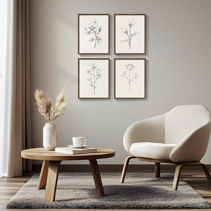 Vintage Floral Wall Art with Walnut Framed, 4 Piece Farmhouse Black and White