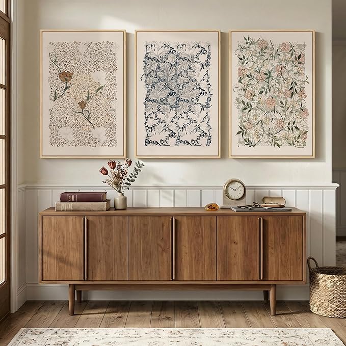 Large Framed William Morris Wall Art Set of 3, Vintage Neutral Botanical Floral