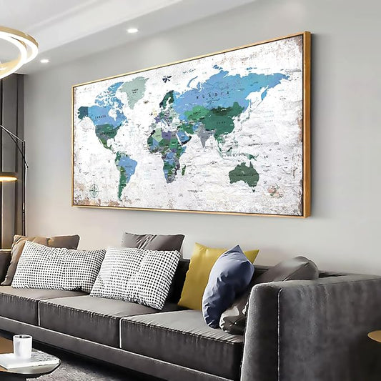 Framed Wall Art World Map Wall Art Canvas Picture 30inchx60inch Large Blue Map