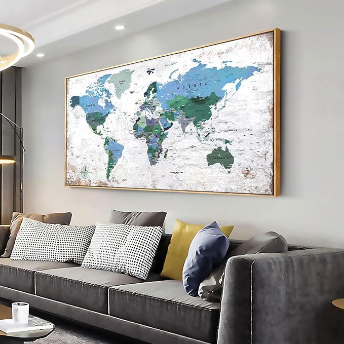 Framed Wall Art World Map Wall Art Canvas Picture 30inchx60inch Large Blue Map