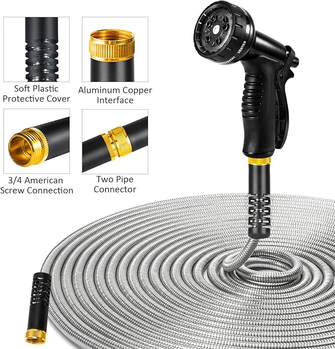 100ft Garden Hose, Heavy Duty Metal Water Hose 100 ft with 10 Function Nozzle, Flexible No-Kink, Pet-Proof & Puncture-Proof Stainless Steel Outdoor Hose for Yard