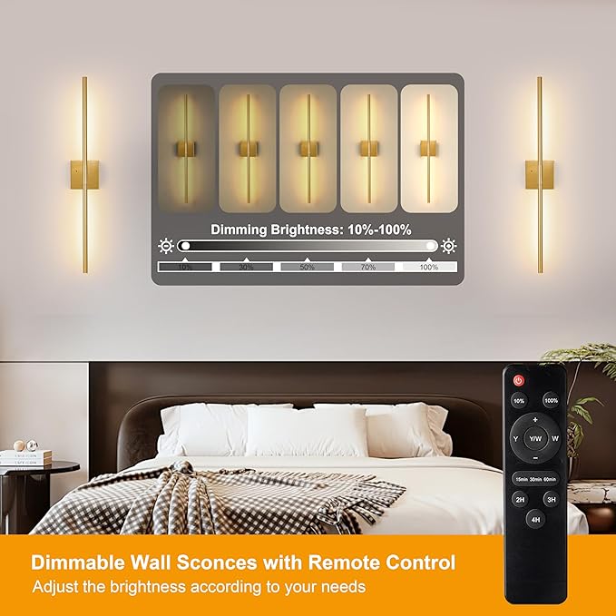 Morauroral Gold Battery Operated Wall Sconces, Dimmable Wall Sconces