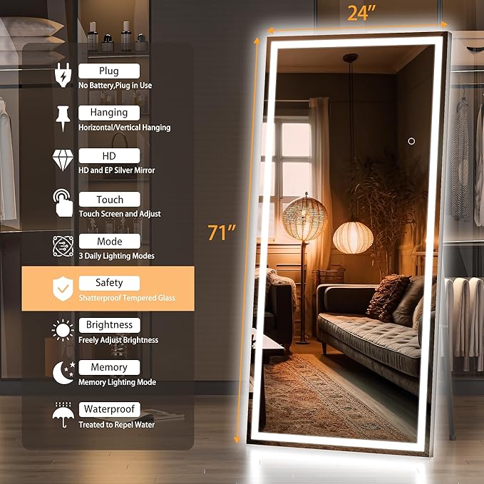 Hasipu Full Length Mirror with Lights, Full Body Dressing Hanging Mounted Mirror