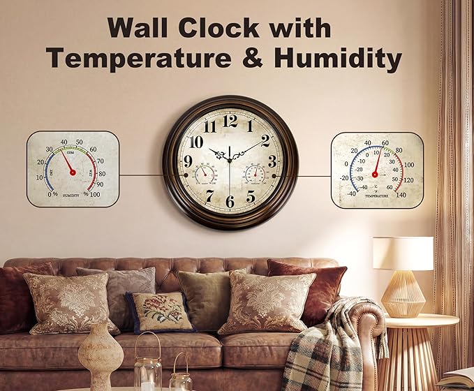 Vintage Wall Clock 13 Inch Quartz Silent Non-Ticking Analog Clock
