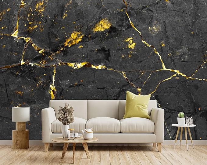 -Black and Gold Marbled Fabric Wallpaper Dark Abstraction Art Living Room