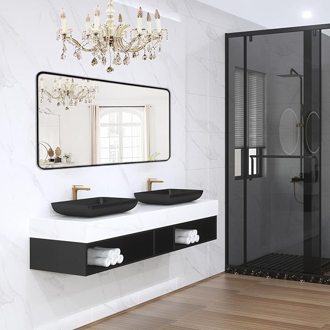 Wall Mount Mirror for Bathroom, Brushed Black Metal Framed Large Rounded Corner