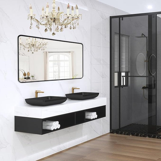Wall Mount Mirror for Bathroom, Brushed Black Metal Framed Large Rounded Corner