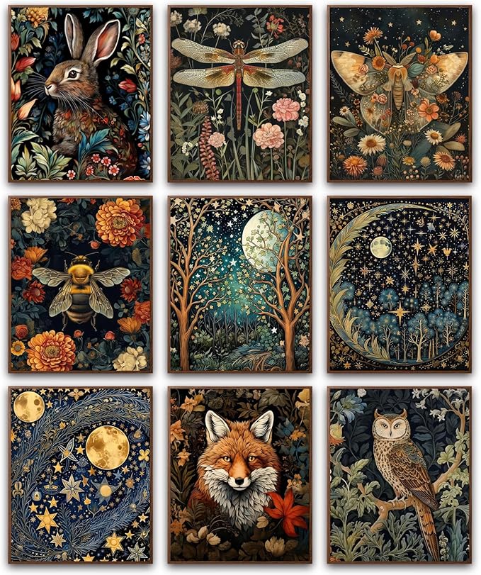 Morris Wall Paintings Poster Set of 9, Vintage Rabbit Fox Starry Sky Bee