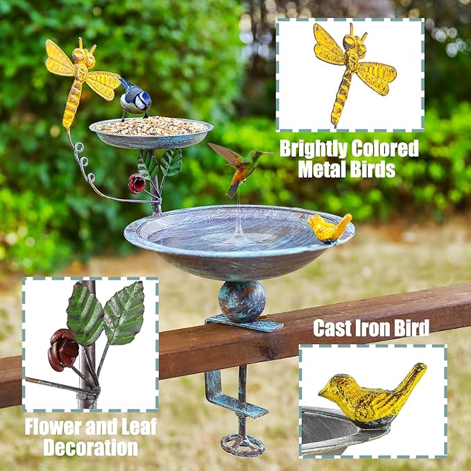 Bird Bath for Deck Railing and Balcony, 2 in 1 Bird Feeders for Outdoors with Heavy Duty Clamp, Unique for Outside and Silver Birdfeeder Suitable for Garden Porch Backyard