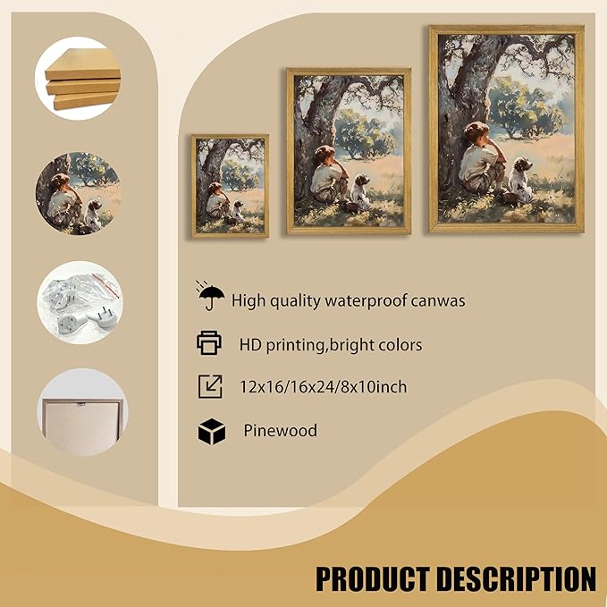 Wood Framed Canvas Wall Art, Vintage Boy and Dog Painting Poster, Countryside
