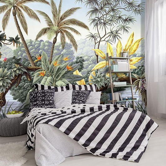 -Tropical Botanical Palm Leaf Fabric Wallpaper Living Room Bedroom Bathroom