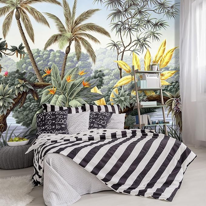 -Tropical Botanical Palm Leaf Fabric Wallpaper Living Room Bedroom Bathroom