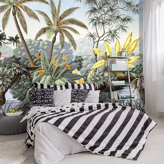 -Tropical Botanical Palm Leaf Fabric Wallpaper Living Room Bedroom Bathroom