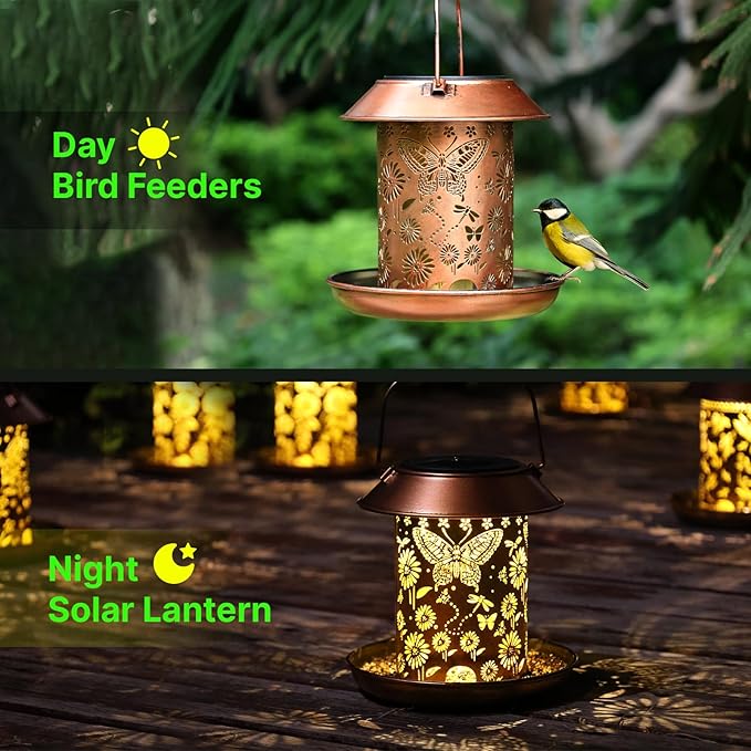 Solar Bird Feeders for Outdoors Metal Butterfly Lantern Hanging on a Tree Metal Wild Bird Feeder Decoration for Patio,Yard,Lawn,Pathway,Summer Garden Decor Gifts for Bird Lovers Mom Friends