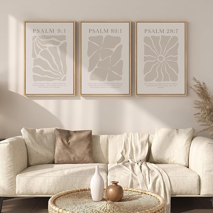 Framed Christian Wall Art Set of 3, Neutral Psalm Scripture Canvas Prints