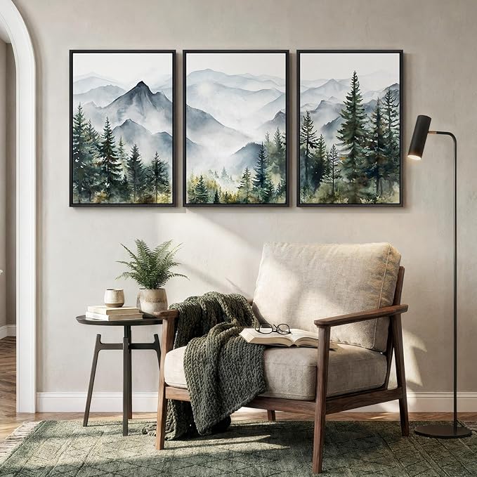 Framed Mountain Landscape Wall Art Bedroom, 3 Piece Nature Foggy Forest Canvas Print Artwork for Walls, Scenic Pine Tree Paintings Pictures Wall Art Decor for Living Room Hallway, 16x24 Inch