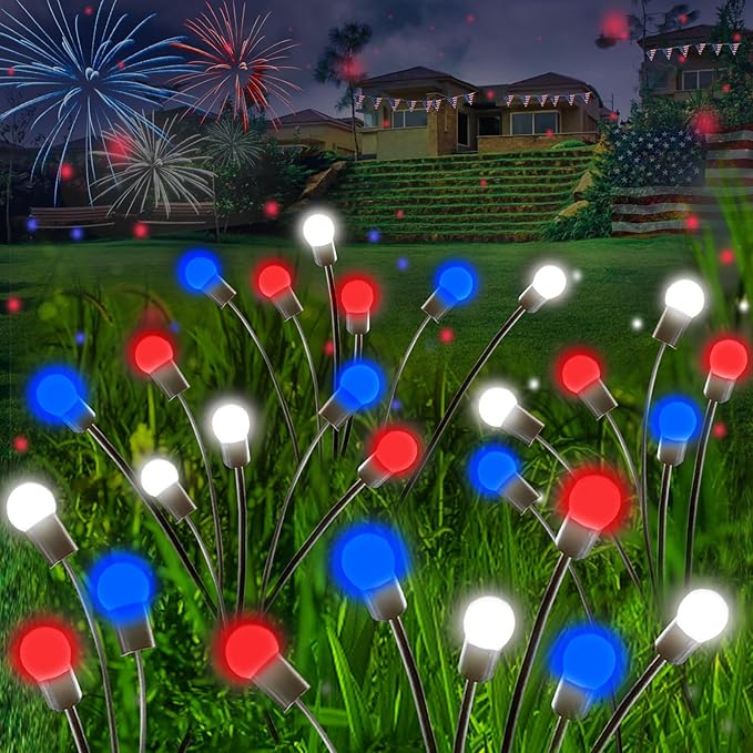4th of July Decorations, 6 Pack Solar Firefly Lights Outdoor, 36 LED Waterproof Patriotic Decor Garden Lights with 2 Modes for 250th Anniversary National Yard Path Decorations (Red White and Blue)
